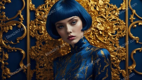 Sophisticated Model with Blue Hair and Gold Background