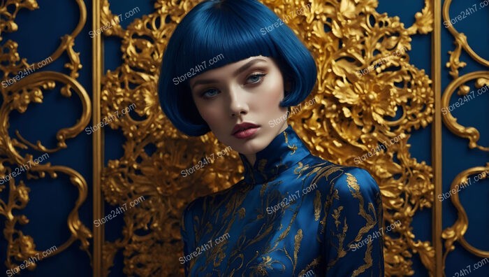 Sophisticated Model with Blue Hair and Gold Background