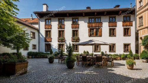 Spacious Bavarian Urban Courtyard with Traditional Wooden Balconies