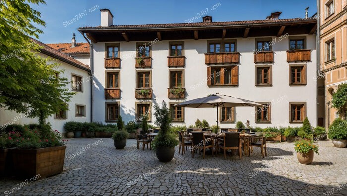 Spacious Bavarian Urban Courtyard with Traditional Wooden Balconies