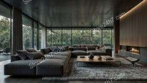 Spacious Contemporary Living Room with Panoramic Forest Views
