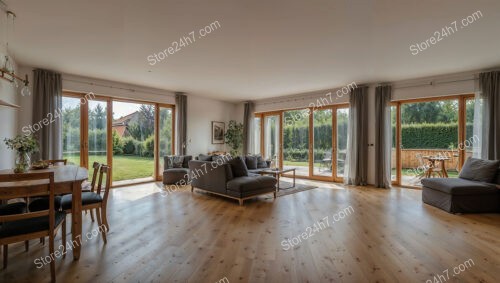 Spacious German Living Room with Large Windows and Garden View