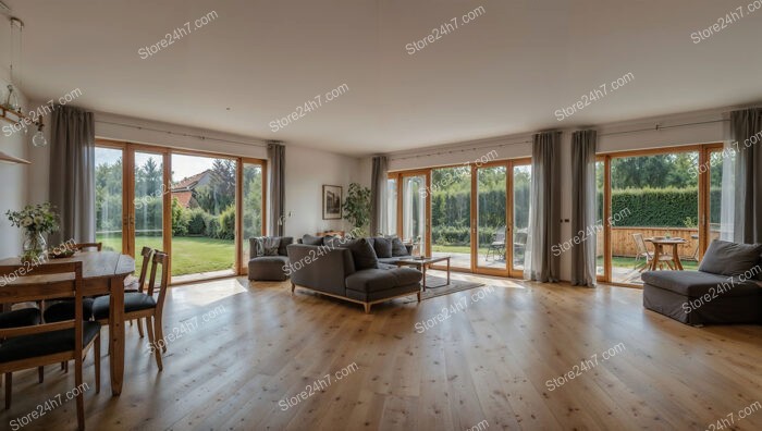 Spacious German Living Room with Large Windows and Garden View