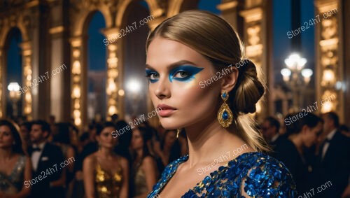 Striking Blue and Gold Makeup in Elegant Setting