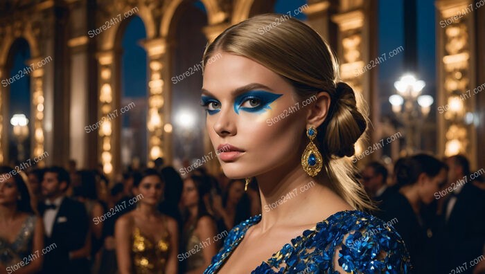 Striking Blue and Gold Makeup in Elegant Setting