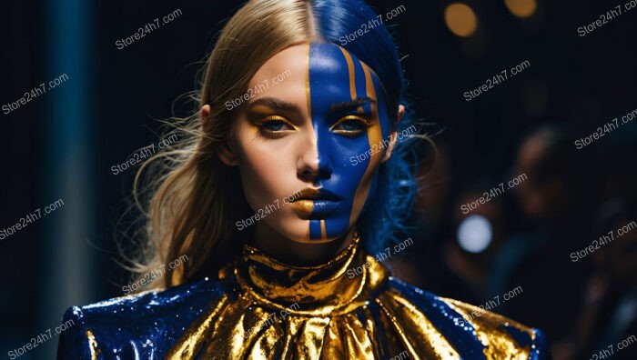 Striking Fashion Model with Dual-Tone Makeup and Outfit