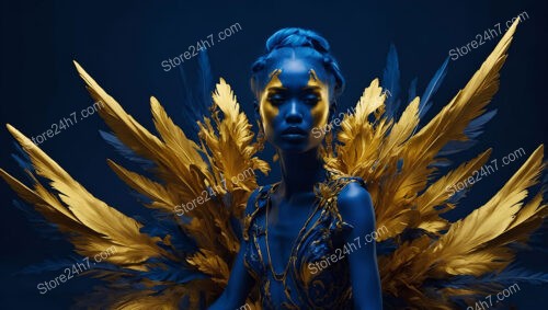 Striking Fashion Model with Golden Wings and Blue Skin