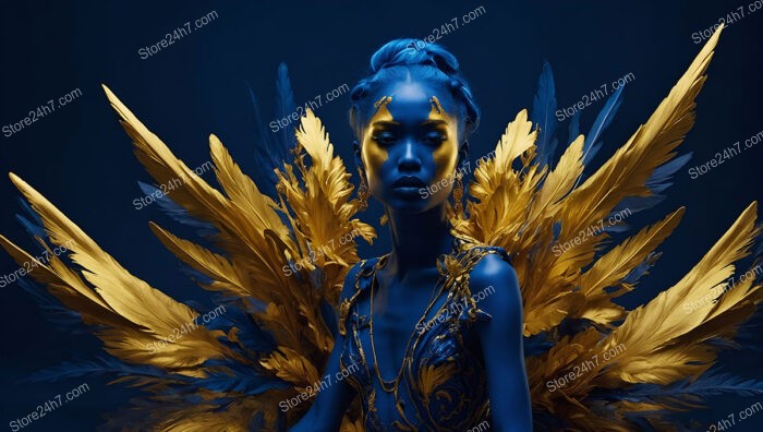 Striking Fashion Model with Golden Wings and Blue Skin