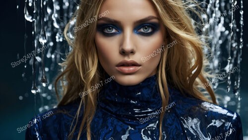 Striking Fashion Model with Intense Gaze and Water Droplets