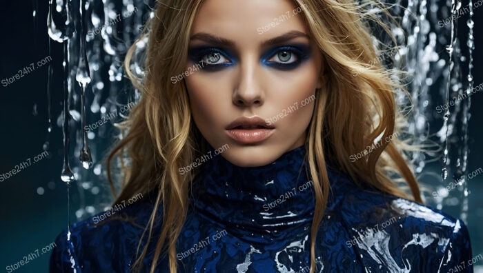 Striking Fashion Model with Intense Gaze and Water Droplets