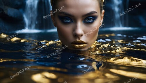 Striking Model with Golden Makeup in Water