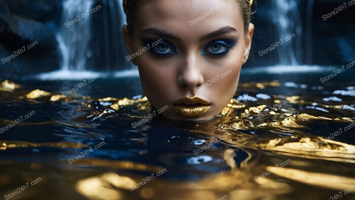 Striking Model with Golden Makeup in Water