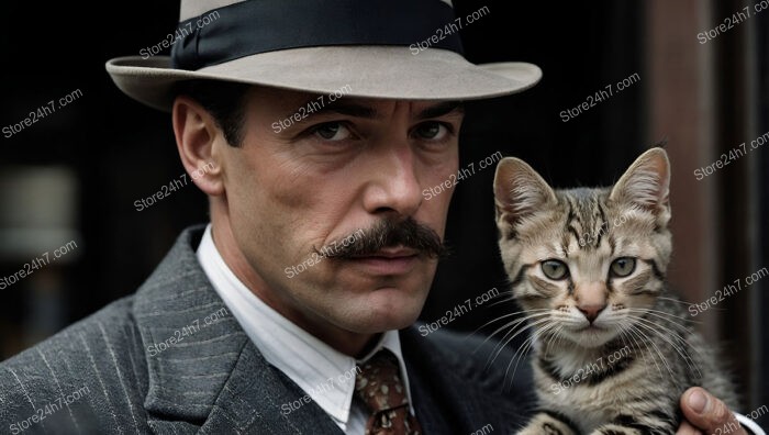 Stylish Gentleman in Classic Suit Holding a Tiny Kitten