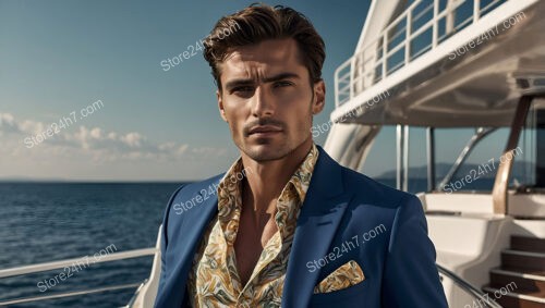 Stylish Man in Blue Blazer on a Luxury Yacht