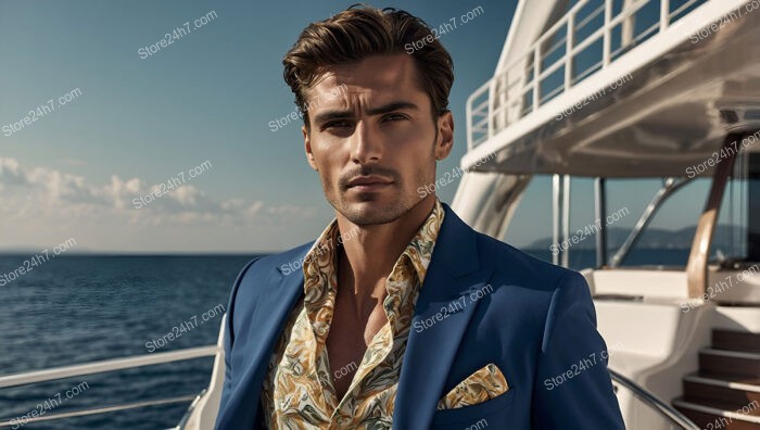 Stylish Man in Blue Blazer on a Luxury Yacht