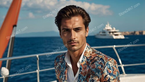 Stylish Man in Floral Jacket on a Luxury Yacht