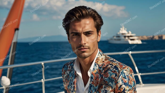 Stylish Man in Floral Jacket on a Luxury Yacht