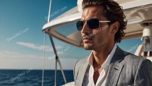 Stylish Man in Gray Suit and Sunglasses on Yacht