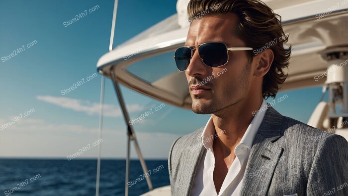 Stylish Man in Gray Suit and Sunglasses on Yacht