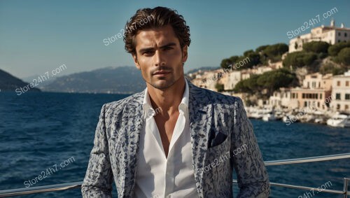 Stylish Man in Light Blue Jacket with Coastal Backdrop