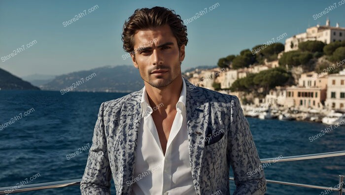 Stylish Man in Light Blue Jacket with Coastal Backdrop