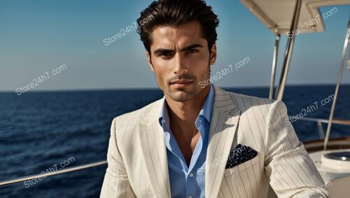 Stylish Man in Pinstripe Suit on Yacht with Ocean View