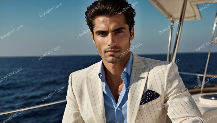 Stylish Man in Pinstripe Suit on Yacht with Ocean View