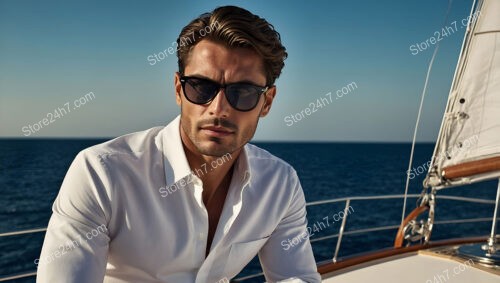 Stylish Man in White Shirt and Sunglasses on Yacht