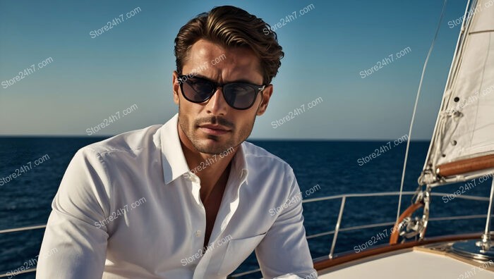 Stylish Man in White Shirt and Sunglasses on Yacht