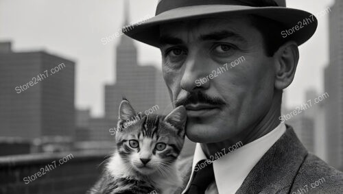 Stylish Vintage Man with Kitten Against Urban Skyline