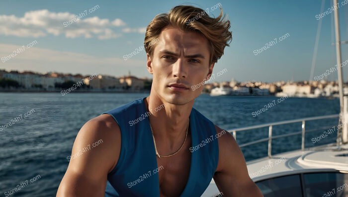 Stylish Young Man in Blue Vest on a Yacht