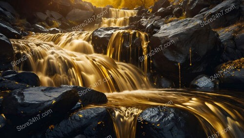 Sunlit Golden Waterfalls in a Mystical Enchanted Forest