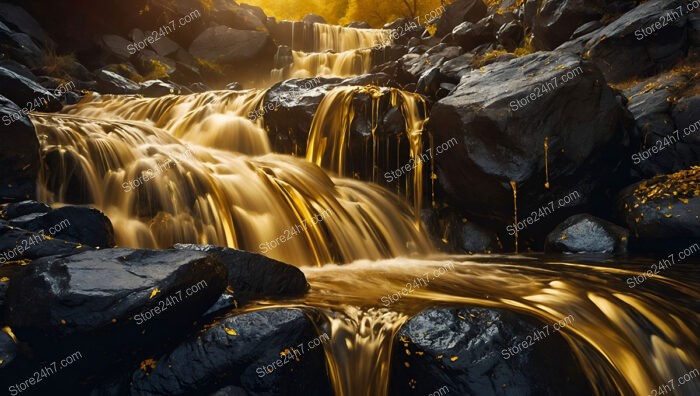 Sunlit Golden Waterfalls in a Mystical Enchanted Forest