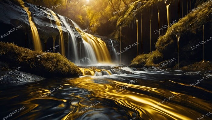 Surreal Golden Falls Flow Through Enchanted Forest Landscape