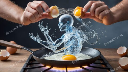 Surreal Water Skeleton Emerges from Cracked Egg in Pan