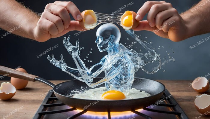 Surreal Water Skeleton Emerges from Cracked Egg in Pan