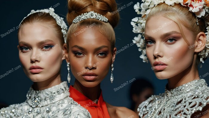 Three stunning models showcasing intricate designs on the runway