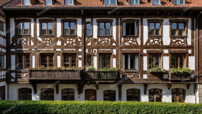 Timbered Bavarian House with Intricate Woodwork and Flower Boxes