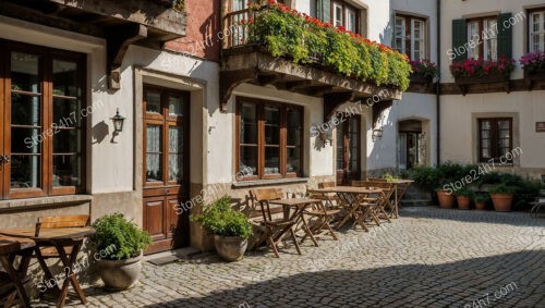 Traditional Bavarian Courtyard with Wooden Balconies and Café Tables