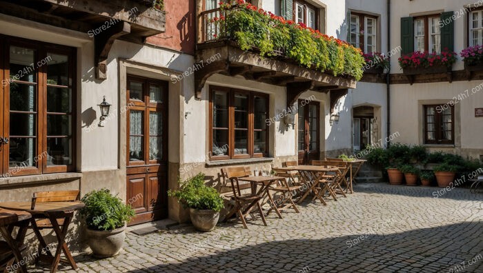 Traditional Bavarian Courtyard with Wooden Balconies and Café Tables