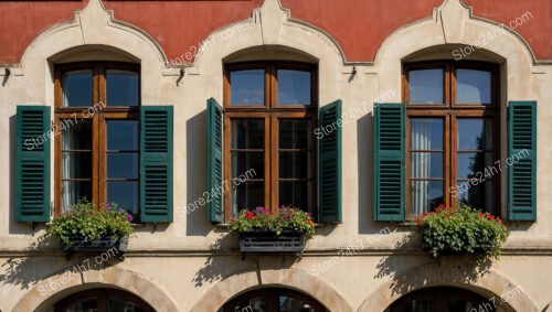 Traditional Bavarian Facade with Green Shutters and Arched Windows