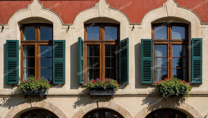 Traditional Bavarian Facade with Green Shutters and Arched Windows