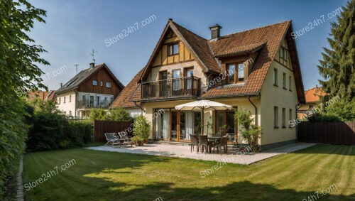 Traditional German home with gabled roof and spacious backyard patio