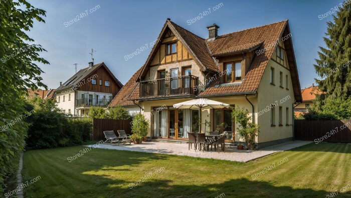 Traditional German home with gabled roof and spacious backyard patio