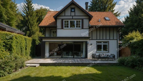 Traditional German Home with Red-Tiled Roof and Wooden Deck