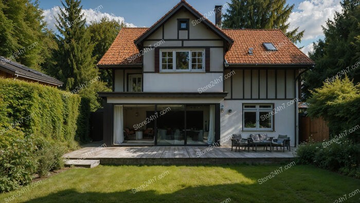 Traditional German Home with Red-Tiled Roof and Wooden Deck