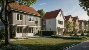 Traditional German Row Houses with Red Tiled Roofs and Lush Gardens
