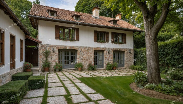 Traditional Stone House with Wooden Shutters and Lush Garden