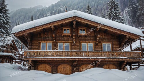 Traditional Wooden Chalet in Serene Snowy Mountain Setting