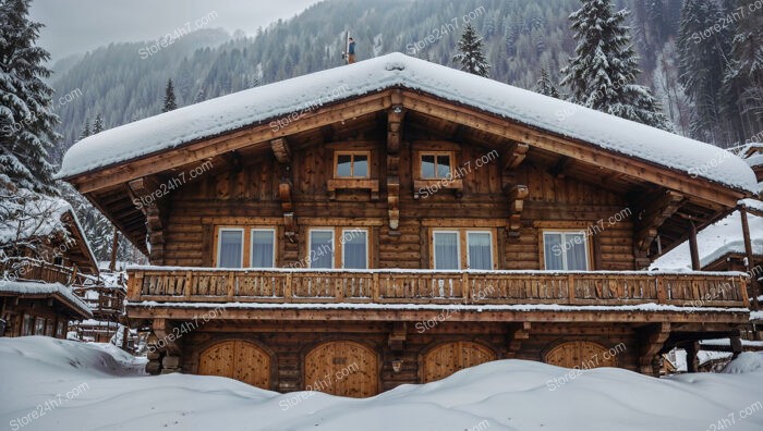 Traditional Wooden Chalet in Serene Snowy Mountain Setting